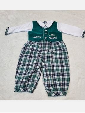Vintage Irish Green Vest Velvet Tartan Plaid Wool Romper Baby Boy Girl 6 9 month